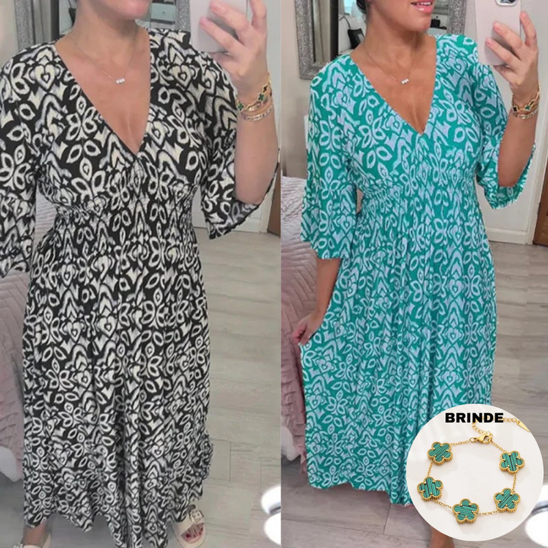 Vestido Estampado com Decote V Layla + Brinde Pulseira
