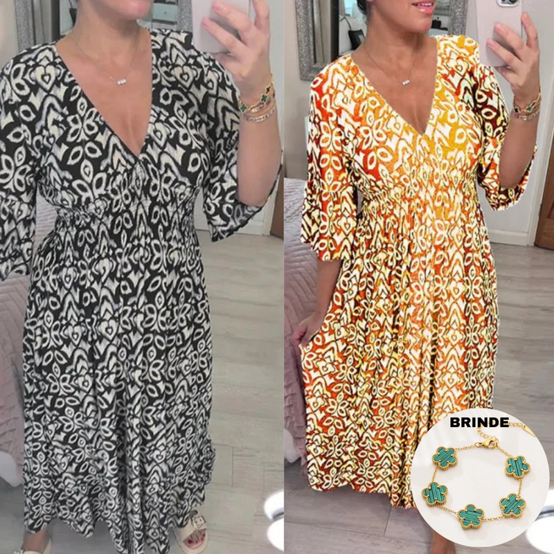Vestido Estampado com Decote V Layla + Brinde Pulseira